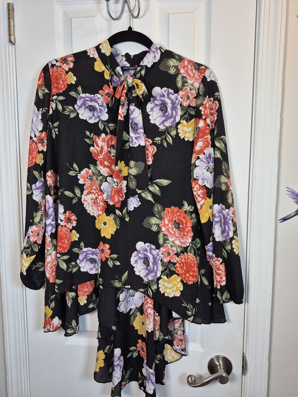 Cha Cha Vente Whimsigoth Floral Bow Blouse High Low Tunic Top